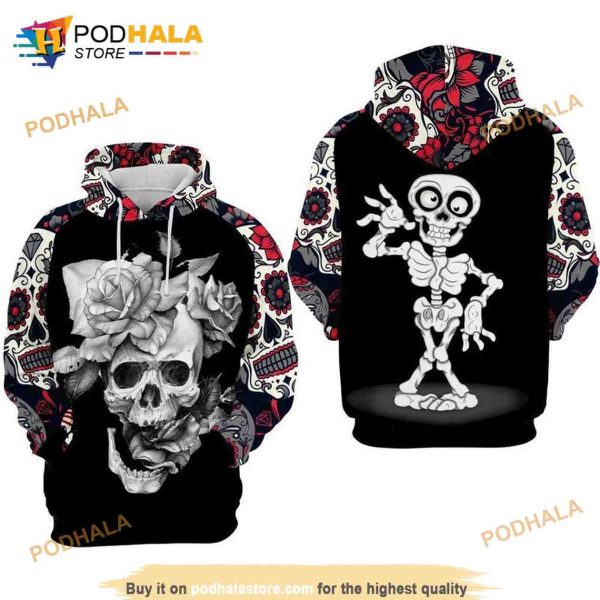 Day Of The Dead Funny Skull And Roses Over Print 3D Hoodie Sweatshirt