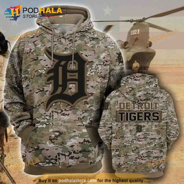 Detroit Tigers Camouflage Veteran 3D Cotton Hoodie