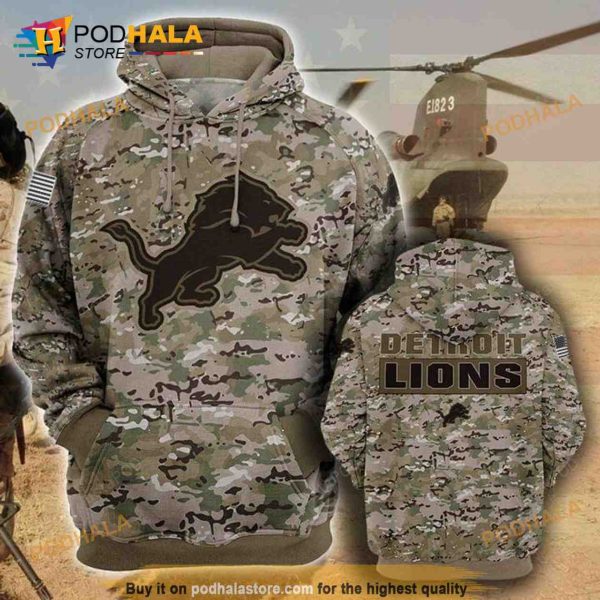 Detroits Lions Camouflage Veteran 3D Cotton Hoodie