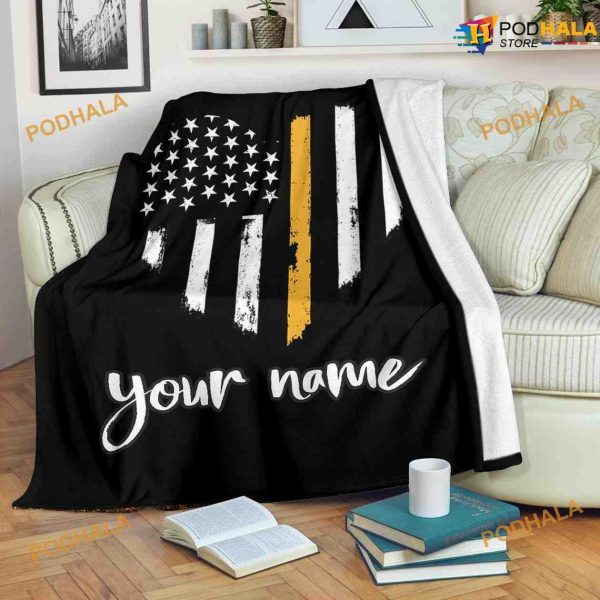 Dispatcher Thin Gold Line Hearts American Flag Fleece Blanket, Quilt