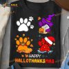 Dog Footprint Halloween And Merry Chritsmas Happy Hallothanksmas Shirt