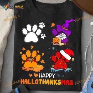 Dog Footprint Halloween And Merry Chritsmas Happy Hallothanksmas Shirt