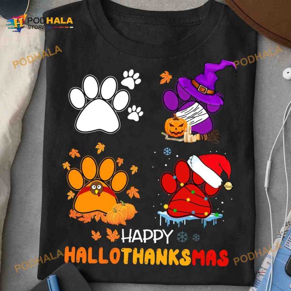 Dog Footprint Halloween And Merry Chritsmas Happy Hallothanksmas Shirt