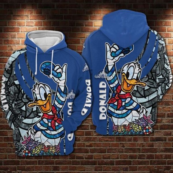 Donald Duck Blue Stained Glass Style Over Print 3D Hoodie Sweatshirt