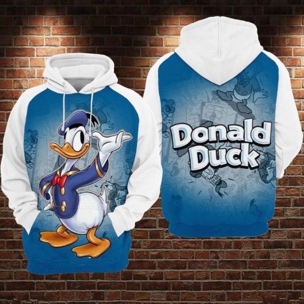 Donald Duck Comic Style Blue White Over Print 3D Hoodie Sweatshirt