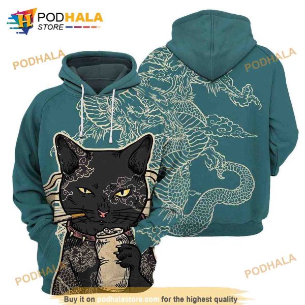 Dragon and Black Cat All Over Printed 3D Hoodie For Cat Lovers