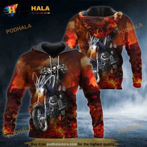 Fire Biker Hunter Man Skull 3D Hoodie Sweatshirt, Halloween Gift Ideas