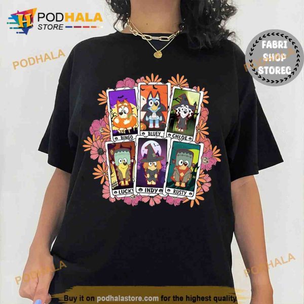Floral Bluey Horror Card Bluey And Friends Halloween Shirt, Bluey Bingo Halloween Tee