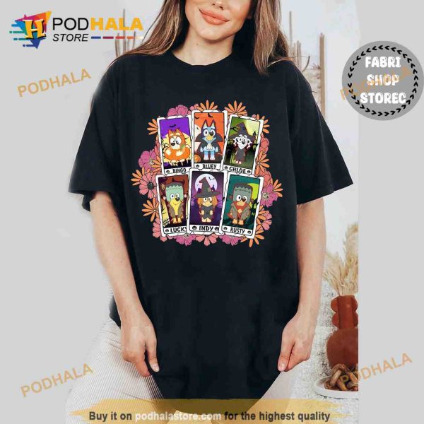 Floral Bluey Horror Card Bluey And Friends Halloween Shirt, Bluey Bingo Halloween Tee