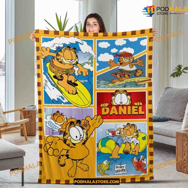 Garfield Cat Surfing Funny Fleece Blanket, Cartoon Yellow Cat Lover Gift