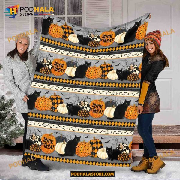 Halloween Pumpkin Black Cat Blanket, Spooky Season Pumpkin Halloween Bedding