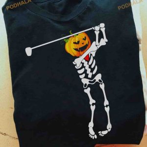 Halloween Pumpkin Skull Gift For Golfer Funny Skull For Halloween Shirt