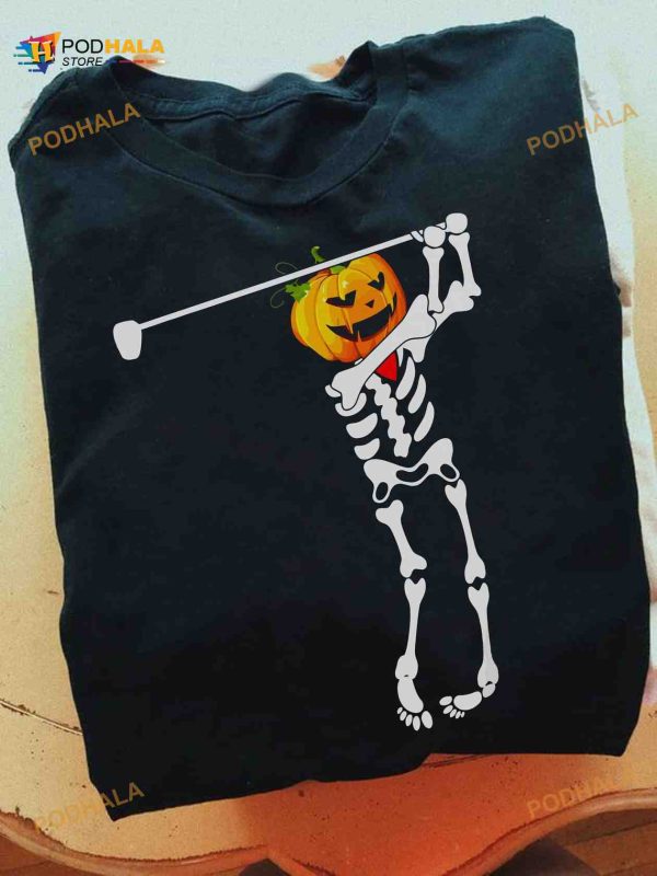 Halloween Pumpkin Skull Gift For Golfer Funny Skull For Halloween Shirt