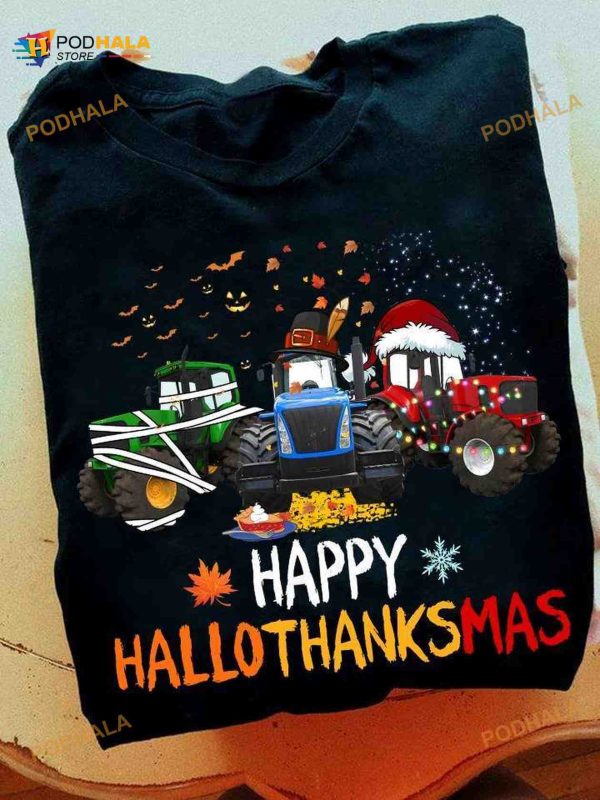 Halloween Tractor Costume Gift For Christmas Day Happy Hallothanksmas Shirt
