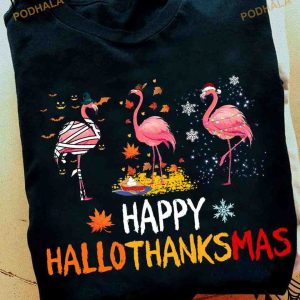 Halloween Witch Flamingo Christmas Costume Happy Hallothanksmas Shirt