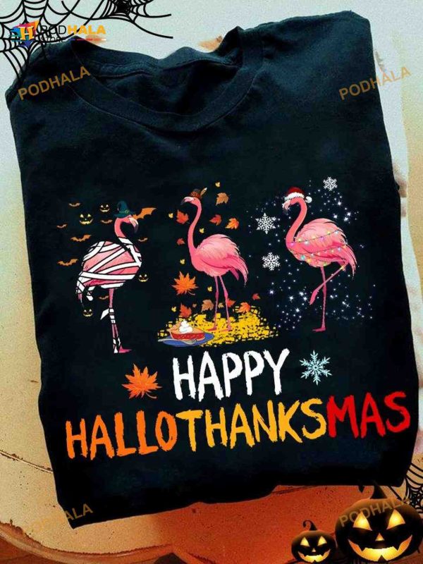 Halloween Witch Flamingo Christmas Costume Happy Hallothanksmas Shirt