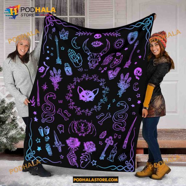 Halloween Witch Pattern With Floral And Animals Blanket, Halloween Blanket