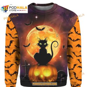 Halloween With Black Cat And Bat Women Men Aop Shirt 3d Hoodie Sweatshirt 2