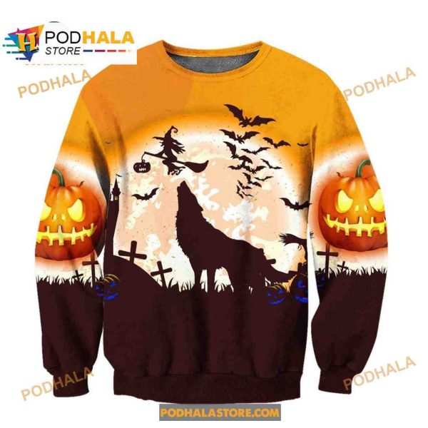 Halloween Wolf With Witch Fly Women Men AOP Shirt 3D Hoodie Sweatshirt
