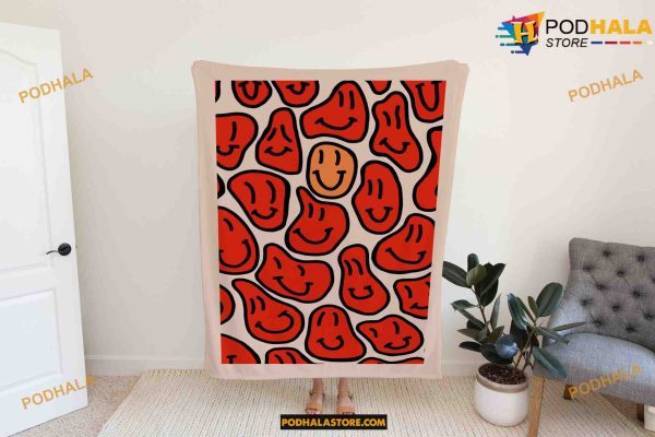 Happy Face Positivity Retro Smiley Face Fleece Blanket, Quilt, Christmas Gifts