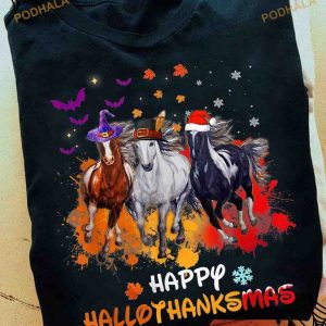 Happy Hallothankmas Happy Halloween Horse With Witch Hat Merry Christmas Shirt