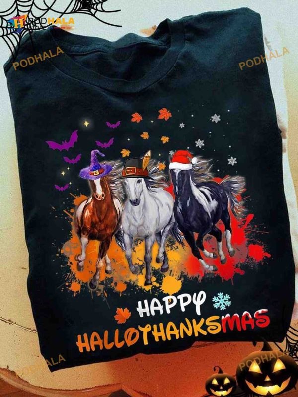 Happy Hallothankmas Happy Halloween Horse With Witch Hat Merry Christmas Shirt