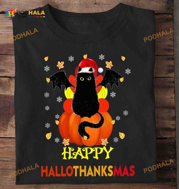 Happy Hallothanksmas Devil Black Cat Halloween Pumpkin Gift For The Holidays Shirt