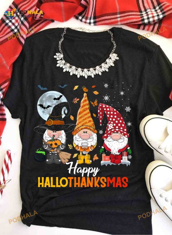 Happy Hallothanksmas Occasions Garden Gnome Merry Christmas Happy Halloween Shirt