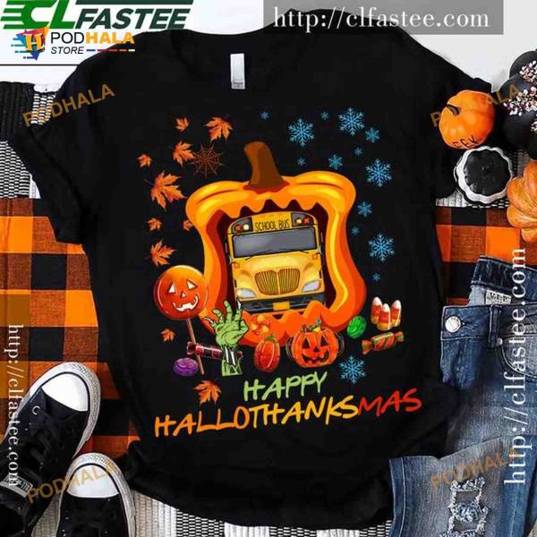 Happy Hallothanksmas School Bus Driver Halloween Pumpkin Scary Zombie Hand Shirt