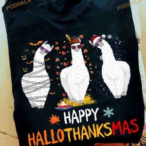 Happy Hallothanksmas White Llama Costume Christmas Day Gift Halloween Llama Costume Shirt