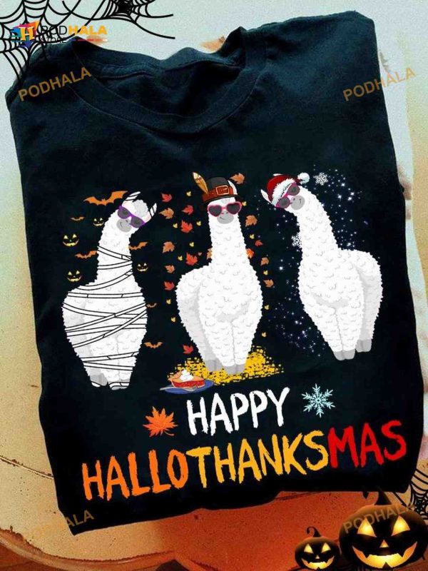 Happy Hallothanksmas White Llama Costume Christmas Day Gift Halloween Llama Costume Shirt