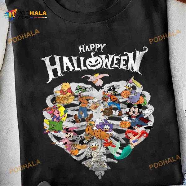 Happy Halloween Disney Character Heart Shaped Skeleton Shirt Hoodie