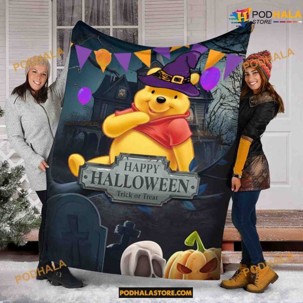 Happy Halloween Pooh Fleece Blanket, Halloween Witch Pooh Funny Gift