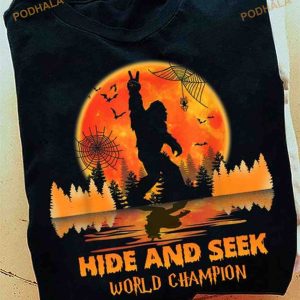 Hide And Seek World Champion Spider Web Bigfoot Red Moon Lake Halloween Shirt