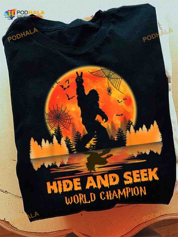 Hide And Seek World Champion Spider Web Bigfoot Red Moon Lake Halloween Shirt