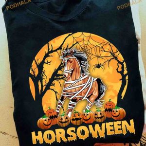 Horsoween Bandaged Horse Haunted Pumpkins Red Moon Halloween Shirt
