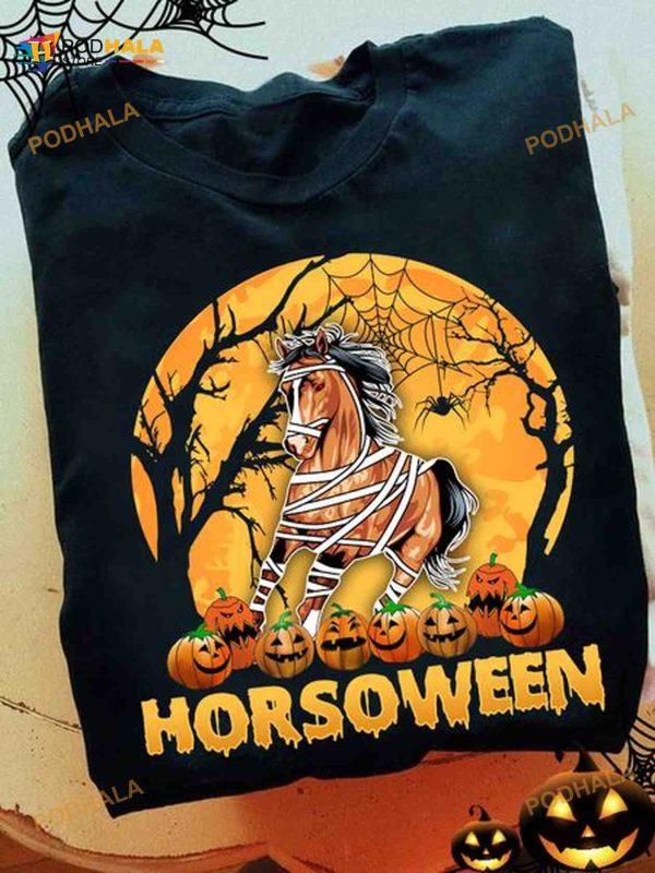 Horsoween Bandaged Horse Haunted Pumpkins Red Moon Halloween Shirt