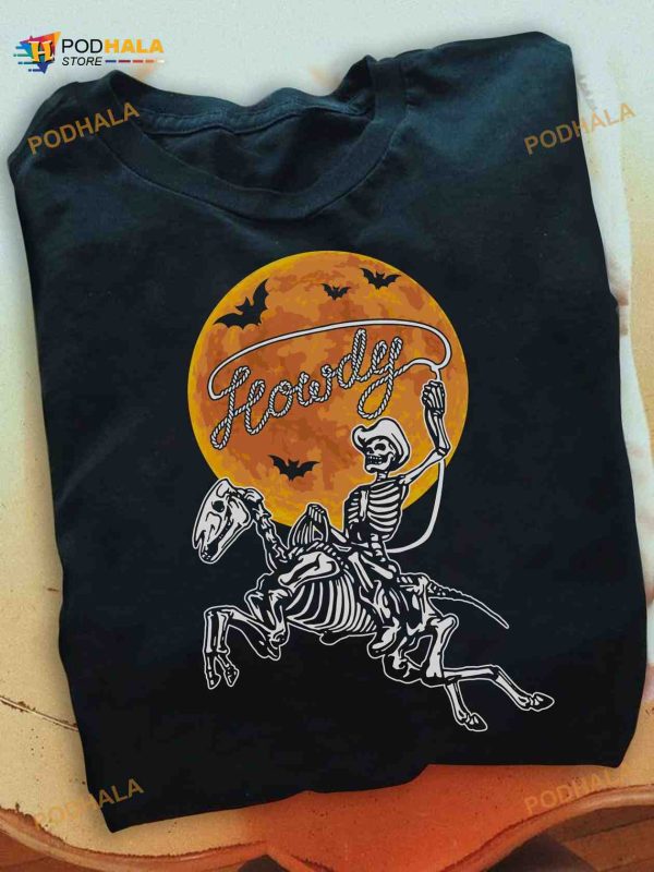 Howdy Skeleton Horse Big Moon Halloween Shirt, Halloween Gift Ideas