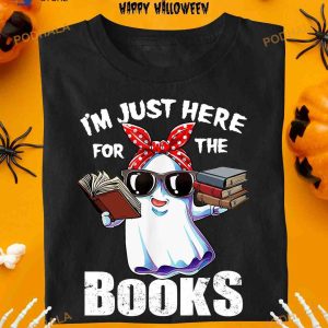 I'm Just Here For The Books White Boo And Books White Boo Reading Books Halloween Shirt