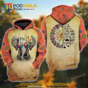 I'm Mostly Peace Love And Light Elephant Yoga Hippie 3D Hoodie