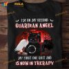 I'm On My Second Guardian Angel My First One Quit And Is Now In Therapy Black Cat Angel Devil Halloween Shirt