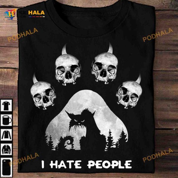 I Hate People Skull Cat Paws Scary Cat And Skull Halloween Shirt