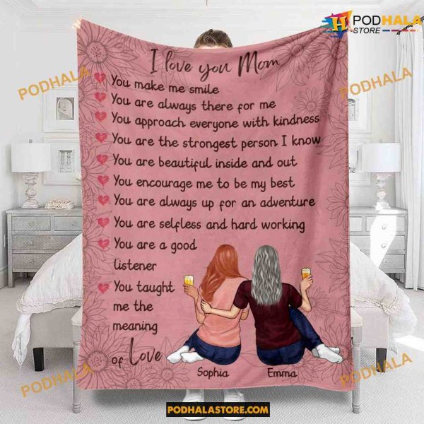 I Love You Mom Personalized name Mother and Daughter Fleece Blanket, Christmas Gifts
