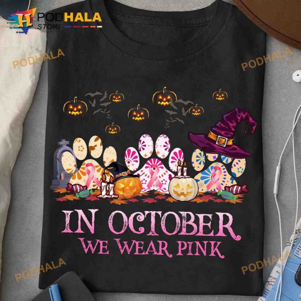 In October We Wear Pink Halloween Pumpkin Ribbon Halloween Costume Shirt