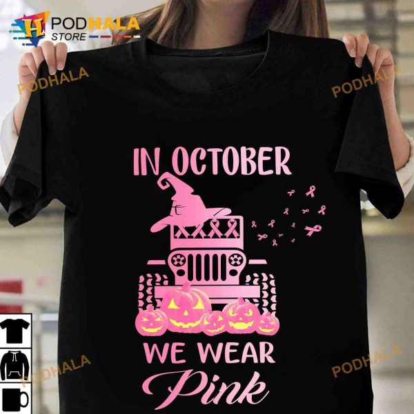 In October We Wear Pink Happy Halloween Evil Pumpkin Halloween Shirt