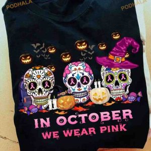 In October We Wear Pink Happy Halloween Skull Halloween Shirt