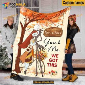 Jack Skellington Fall Season Halloween Blanket, Personalized Name Jack And Sally Quilt