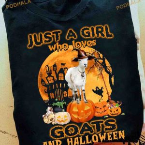Just A Girl Who Loves Goats And Halloween Goats And Devil Pumpkin Halloween Shirt