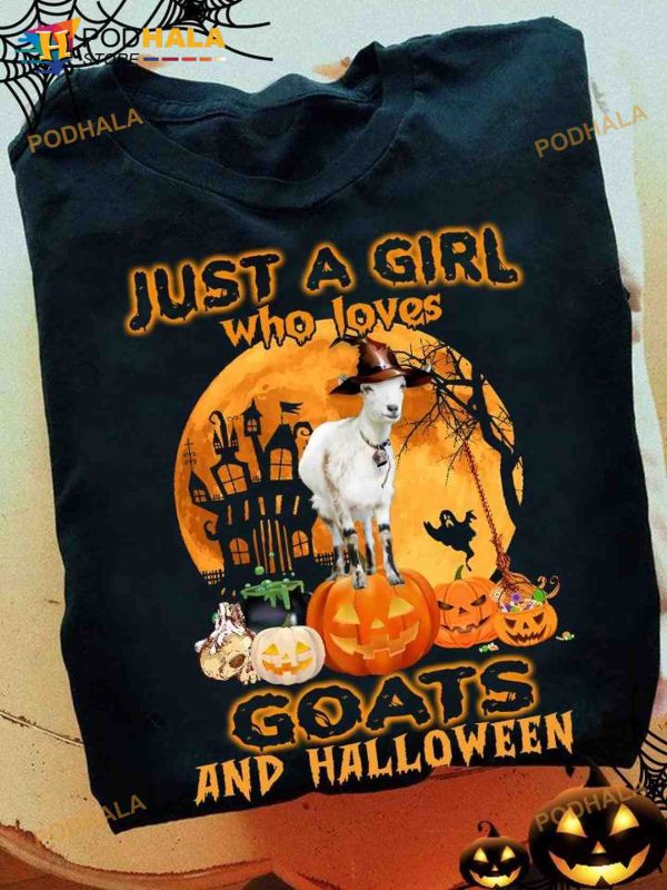 Just A Girl Who Loves Goats And Halloween Goats And Devil Pumpkin Halloween Shirt