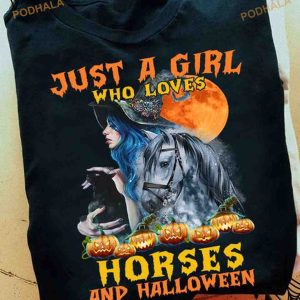 Just A Girl Who Loves Horses And Halloween Red Moon Haunted Pumpkins Witch Shirt
